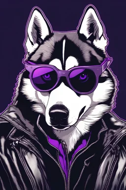 A husky using sunglasses and a black jacket, comic, monochromatic, sepia. Purple illumination. 80's technology