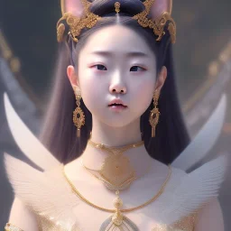 smooth hyper realistic, beautiful Japanese goddess, pale colors, dark cosmos background, cat еye, extremely sharp detail, finely tuned detail, ultra high definition, 8 k, unreal engine 5, ultra sharp focus, accurate sword wings, positive smile, lot of details, fit within portrait, Ambiance winter, perfect composition, perfect hair, perfect hands, finger up gestures