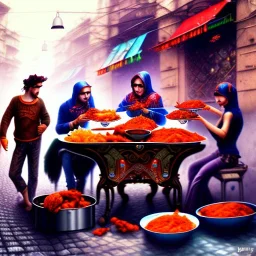 drunk gypsies eating ajvar on the street, cyberpunk