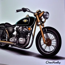 fullbody Drawing of 'Vintage classic style concept Motorcycle',three quarters view, retro design study, classic steel wheels, toned colors, art by cheryl kelley,16k