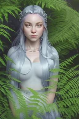 With a carefree abandon, Fiona sprawls amongst the ferns, her silvery hair fanning out around her like a halo of moonlight. Her cerulean eyes gleam with an otherworldly light, their pupils slightly dilated as they take in the ever-shifting colors of the hallucinatory world around her. Her cheeks bear a rosy flush, mirroring the warmth of her laughter and the forest's magic that courses through her veins. Her lips are curled into a perpetual smile, a testament to the joy that radiates from withi