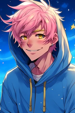 An androgynous young man with tousled pink hair and golden eyes floating among the stars wearing a light blue hoodie and black board shorts. He is smiling softly and holding a star in one hand.