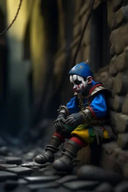 hyper real oil painting of harlequin transported by cable in control in goth ruins background, zeiss prime lens, bokeh like f/0.8, tilt-shift lens 8k, high detail, smooth render, down-light, unreal engine, prize winning