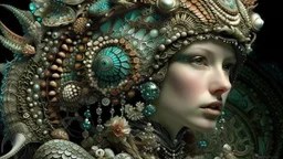 Beautiful young faced meemaid bioluminescense cyber punk shamanism filigree lace embossed sea shell and sea creatures ornate costume, adorned gothica decadent sea creatures, sea snail Shell coralls headdress and ribbed with coralls flower and seapearls costume organic bio spinal ribbed detail of under water gothica floral sea shell embossed extremely detailed voidcore shamanism style maximálist hyperrealistic uder water sea concept árt portrait