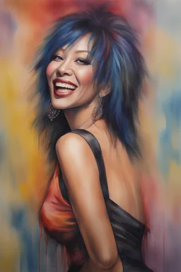 head and shoulders portrait, Miss Motley Crue - well-shaped, perfect figure, perfect face, laughing, a multicolored, watercolor stained, wall in the background, oil painting in the art style of Jim Lee, 4k, 8k, 32k UHD, Hyper realistic, extremely colorful, vibrant, photorealistic, realistic, sharp, highly detailed, professional quality, beautiful, awesome, majestic, superb, trending on artstation, pleasing, lovely, Cinematic, gorgeous, Real, Life like, Highly detailed,