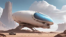 sleek cargo spaceship, built like a teardrop, landing in a wide empty ruined alien street, blue sky