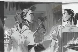 black and white storyboard, wide, on the Foreground there is a man and a girl in profile close to the camera, we see just their upper body and chins as they are passing by, and in the background, 3 chefs, scattered throughout the kitchen cooking, frying, cutting