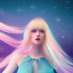 Full body white woman with legs, long blond hair, blue eyes, pink and blue dress in a galactic ambiance, delicate colors in the foreground, full of details, smooth, light effect，vaporwave colorful, smooth, extremely sharp detail, finely tuned detail, ultra high definition, 8 k, unreal engine 5, ultra sharp focus