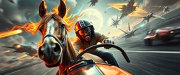 action packed game with clumsy horse with helmet and with ears on fire, b movie poster, etheral astral weird perspective worried yoga vin diesel legend race car racing with huge g force against spaceships going sideways in ramp driver close up portrait of dj magic kobold gremlin farmer pilot looking down on cam, with background in the style of escher and giger, a chill contrapunctus fugue in the style of fsol, beethoven,
