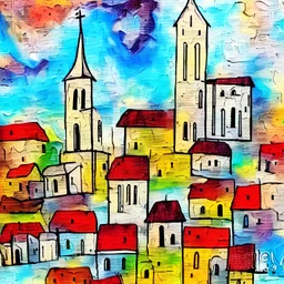 an abstract painting of a small town with church, mixed media, textured, highly detailed