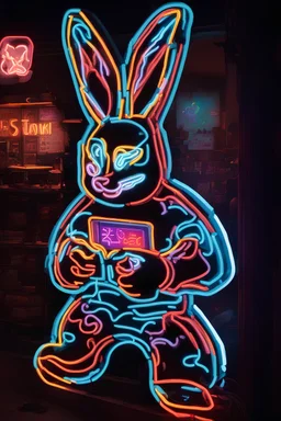 Neon sign of the easter bunny playing a video game console