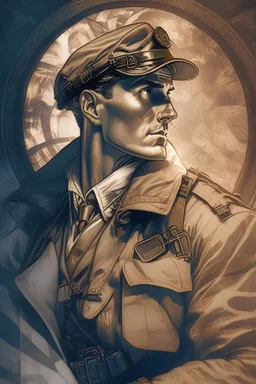 WWII, government special ops agent, in the style of Alphonse Mucha, dramatic lighting