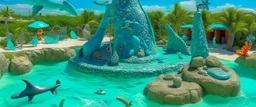 A turquoise marine life themed water park and resort on an island designed in Ica stones painted by Jeffrey Kolker