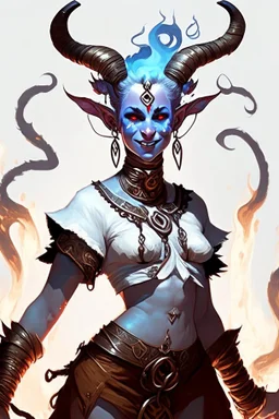 A full body image of this tiefling woman she has fire powers, she is floating she has lots of jewelry and the horns of a ram and also the horns of a gazelle, her outfit is white and her body is covered in tribal tattoos, she is laughing