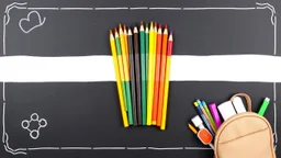 A blackboard design with a bunch of colored pencils in the middle of the image with a school bag, pencil sharpener, eraser and stationery
