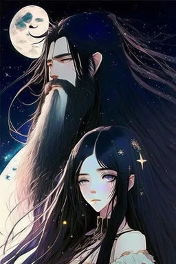 Celestial anime girl, long black hair, with bearded man
