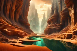 create a neo -surrealist infinite canyons of despair digital composite illustration, by George Grie, rich complimentary colors, abstract, and highly detailed