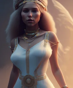 Gipsy, beautiful, curvy body, white fabric dress, beautiful long hair, bandana covering head, long earings, head and shoulders portrait, holding tarot card, 8k resolution concept art portrait by Greg Rutkowski, Unreal Engine 5 volumetric lighting