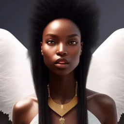 A black woman with long hair, fantasy setting, ethereal, soft lighting, angel wings, porselin