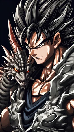 a man with black hair and a dragon on his chest, black dragon, highly detailed portrait of goku, ultra hd anime wallpaper, masayoshi suto and artgerm, anime epic artwork, hd anime wallpaper, son goku, goku, gogeta, dragon ball, wild spiky black saiyan hair, detailed anime artwork, ancalagon the black