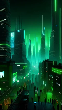 city streets, skyscrapers, futuristic, neon lights, tv screens, large crowd, 4k, cyberpunk, green