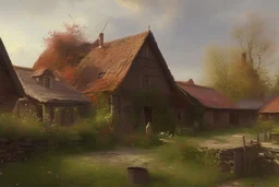 Peder Monk Monsted style, old Hungarian farmhouses