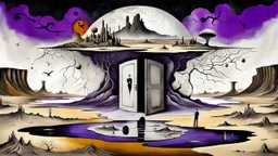 inner world with uncontrolled mind and soul, in center a big portrait statue on little floating island over deep Sahara, around surreal cracked painted weird land with some doors. dark purple, gray, black, white, brown. Whimsical style of Chagall , of Minjae Lee and René Magritte, lonely face with absurd beauty. broken, weird bizarre deep absurd nightmare, labirynth, dark visio, neuro-web background, surreal vibe