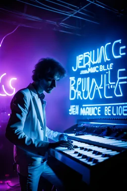 French cool synth player, he is called "Jean-Maurice Brûlée" performing at dance club, his name is "Jean-Maurice Brûlée" , white and blue Neon lights and smog, an earth is projected in background, and "URANIUM" big sign on the wall, he is playing on synthesizers on stage with lot of laser beams and wearing black sunglasses,