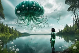 Photo of a skinny woman with a black bob hairstyle, in a green and silver android suit, looking at flying dandelion heads with octopus tentacles looking out over a lake, in an alien forest, with tall narrow cloud trees