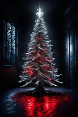 a beautiful illuminated silver and white light Christmas tree stands in a dark room, dark shadows rise from the floor and demonic red eyes glow behind the tree in the dark, scary atmosphere, little glimmering light, dark, deep colors, small details, surreal, thriller, masterpiace