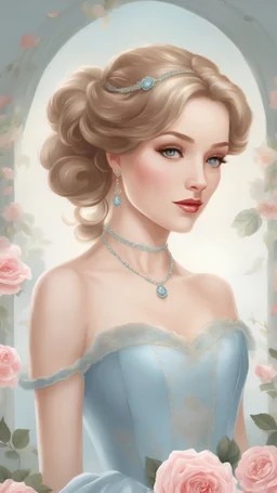 a beautiful illustration of a girl with shiny golden chignon hair wearing a light blue Victorian dress. Her eyes should be lovely and captivating. Surround her with pink roses for a touch of elegance and romance.