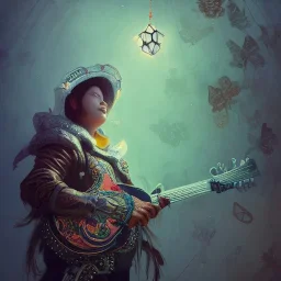 Insanely detailed photograph of an “ a duster wearing mariachi focusing on a glowing D20” with intricately detailed Sombrero, intricate armored charo, hyperdetailed painting by Ismail Inceoglu Huang Guangjian and Dan Witz CGSociety ZBrush Central fantasy art album cover art,8K, hdr, mysterious, flickeringlights ,Stoic