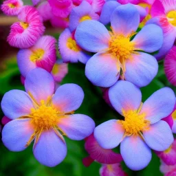 pink and blue flowers with yellow pollen realist