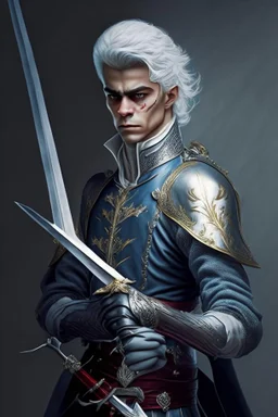 european gray hair young adult royal guard swordsman with rapier duelist