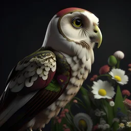 profile picture, large confident proud barn owl, with lines with distance between them and the contrasting dark and light in a circular shape, floral, Persian pattern, colorful, vibrant, 3d, filed with flowers, bunchy, unreal engine render, octane render