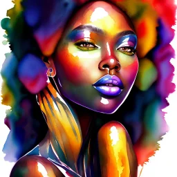 Portrait of beautiful black woman, watercolor, bright colors, long curly hair