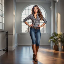 A full-body shot of a beautiful lady wearing shirt and tight pant with long boots ,curvy hair