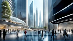 A visually striking, futuristic scene depicting the bustling heart of a 2080 metropolitan city center, with a dynamic blend of human activity and advanced architectural elements. The foreground should feature a diverse array of individuals - a mixture of pedestrians, commuters, and urban dwellers - engaged in various tasks and interactions within the city landscape. These people should be rendered with a high level of photorealism, showcasing the nuanced expressions, fashion, and body language