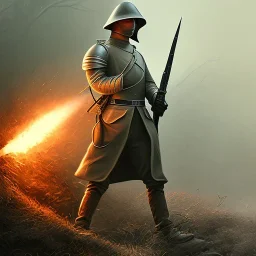 ww1, Christina, fire, medieval iron armor, trench coat, no mans land, lone Knight, Rifle, Male, Brutal style,