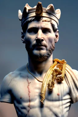 Realistic image, Roman sculpture made in white marble with gold veins, Lionel messi with gold laurel leaves crown, two blue brushes, decorative star on the chest, waist up portrait, marble material, gold ornaments, Baroque style, sun rays background, epic, celestial, cinematic lighting, God lights, 4k resolution, smooth details, soft lighting, unreal engine 5, art station, substance 3d.