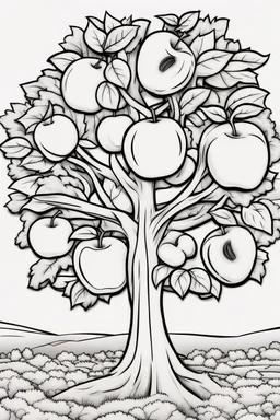 coloring page, apple tree, cartoon style, thick lines, low detail, no shading