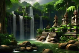jungle palms rock waterfall temple indian