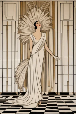 a woman with feathers in an Art Deco foyer by artist "Romain de Tirtoff"