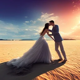 2 lovers last kiss in sand island with tent and river background