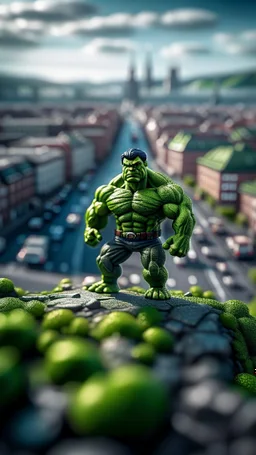 drone shot, close up portrait of Hulk over Nidelven in Trondheim, shot on Hasselblad h6d-400c, zeiss prime lens, bokeh like f/0.8, tilt-shift lens 8k, high detail, smooth render, down-light, unreal engine, prize winning