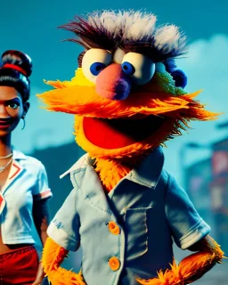 hybrid character, waitress sexy woman with monster muppet mask that covers her entire head, short shirt, tray, beer, old school tattoo, retro style, Sesame Street style, hot, smooth, unreal engine 5, god lights, ray tracing, RTX, lumen lighting, ultra detail, volumetric lighting, 3d.