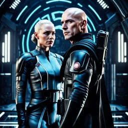 a bold and heroic bald male Corellian pilot in black and metallic grey First Order special forces gear meets a female Jedi Master in ancient, mystical temple, hyperdetailed, dynamic lighting, hyperdetailed background, 8k resolution, volumetric lighting, light skin, fully symmetric details