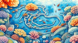 A mesmerizing watercolor painting of a labyrinthine seascape. Dau-al-set. The intricate details of the coral reefs and underwater creatures are beautifully captured with delicate brush strokes and vibrant colors