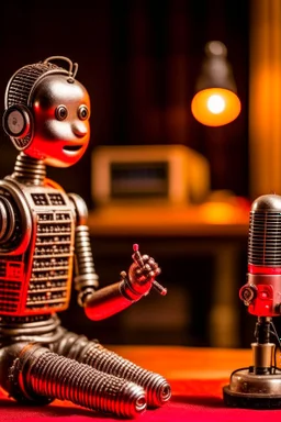 Robot firestarter with a microphone in hand, metal radio host sleeping in the background