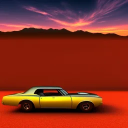 Muscle car, desert road, sunset, full colour, hd, 3d, art deco style